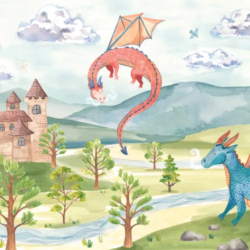 Kinderen aquarel draken & kasteel muurschildering