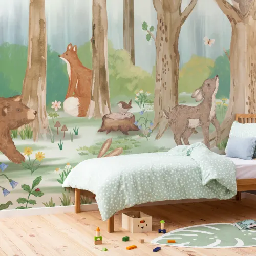 Carta da parati con scene di animali del bosco per bambini