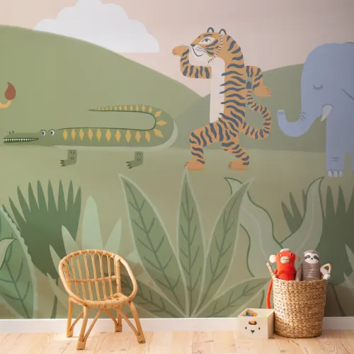 Kids Playful Dancing Jungle Animals Mural