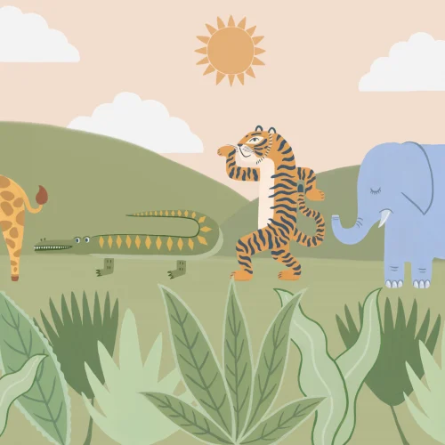 Kids Playful Dancing Jungle Animals Mural