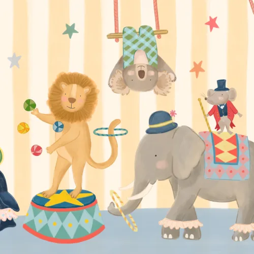 Carta da parati per bambini a strisce gialle con animali da circo