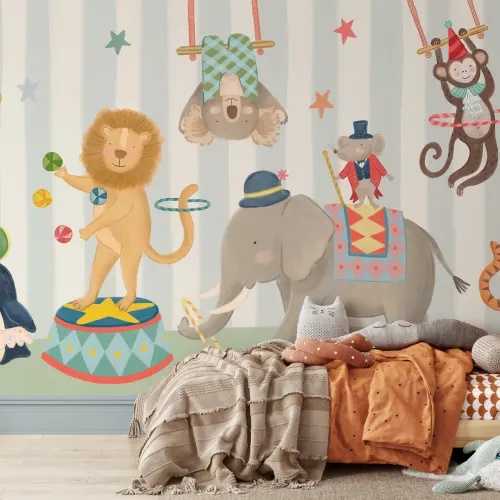Carta da parati per bambini a strisce blu con animali del circo