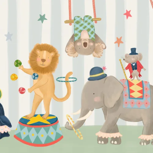 Carta da parati per bambini a strisce blu con animali del circo