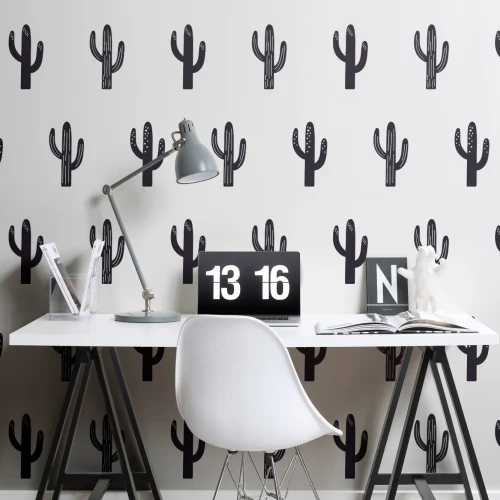 Saguaro Cactus Black & White Repeat Pattern Wallpaper