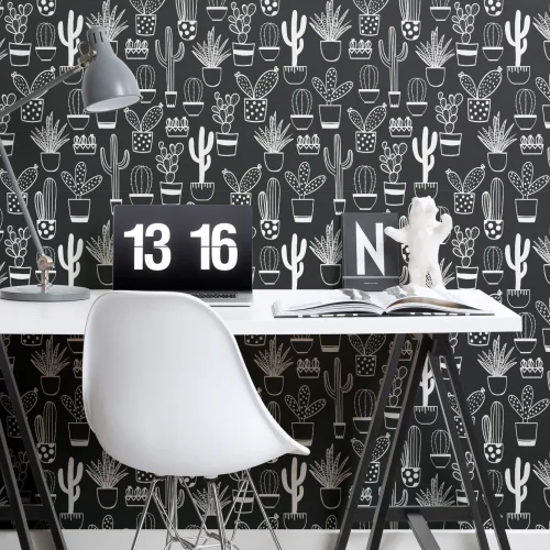 Naïve Cactus Black & White Repeat Pattern Wallpaper