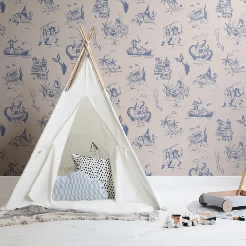 Mural Papel Pintado Azul y Crema Ilustrado con Motivos de Escenas Piratas