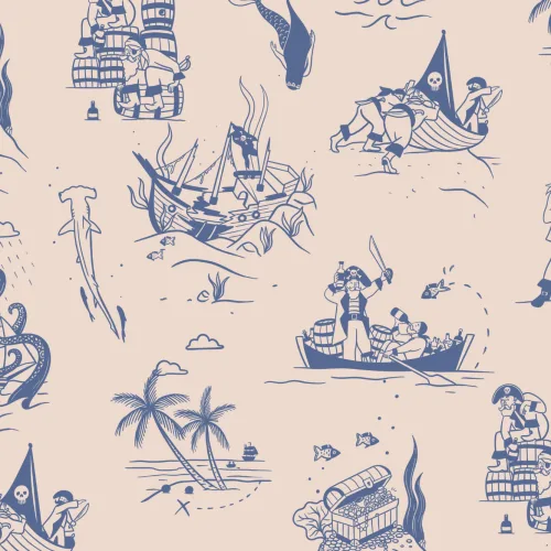 Mural Papel Pintado Azul y Crema Ilustrado con Motivos de Escenas Piratas