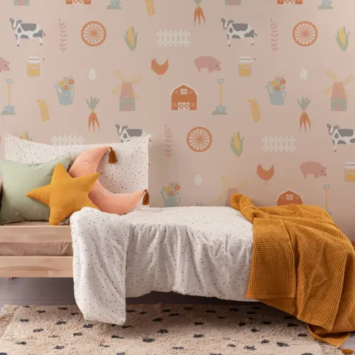 Mural Papel Pintado Colorido para Niños con Motivo de Ilustraciones de Casa de Campo