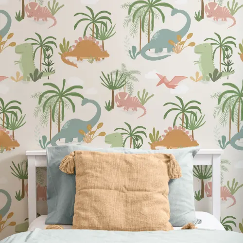 Kids Cute Cartoon Dinosaur Repeat Pattern Wallpaper