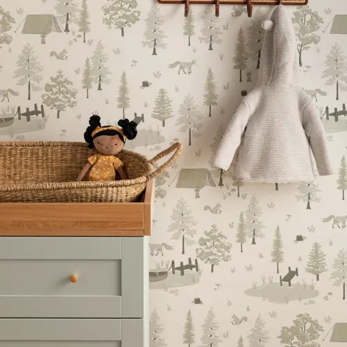 Green Woodland Camping Repeat Pattern Wallpaper