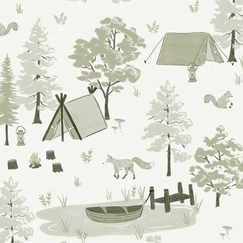 Green Woodland Camping Repeat Pattern Wallpaper