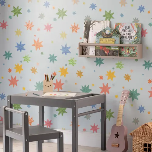 Hand Drawn Multicolor Stars Blue Wallpaper