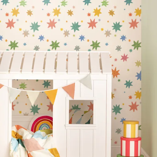 Carta da Parati Bianco Sporco con Stelle Colorate per Bambini