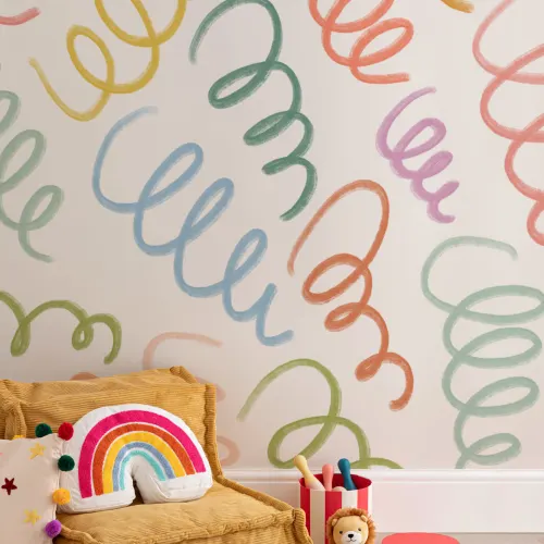 Multicolor Spring  Style Squiggles White Wall Mural