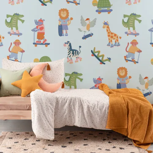 Mural de aventuras de animais de skate multicolorido para crianças