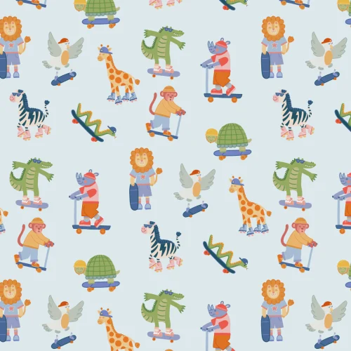 Mural de aventuras de animais de skate multicolorido para crianças