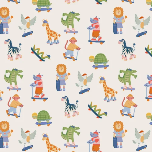 Dziecięca wielokolorowa fototapeta Playful Animals Skateboarding