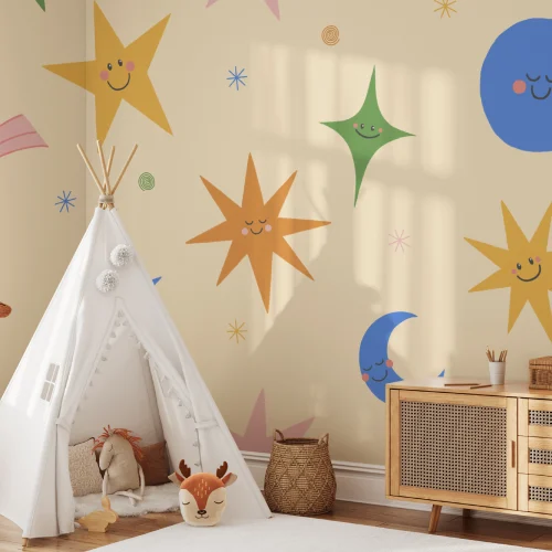 Carta da parati cielo celestiale multicolore con faccine sorridenti per bambini