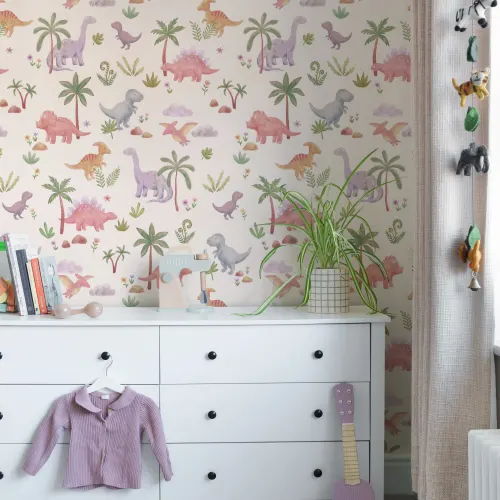 Kids' Pastel Dinosaur Adventure Multicolor Pattern Mural