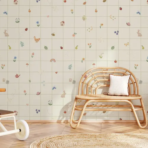 Carta da parati multicolore per cameretta con motivo botanico naturale