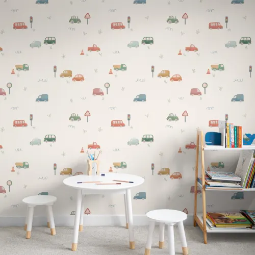 Carta da parati avventura con motivo di veicoli da viaggio multicolore per bambini