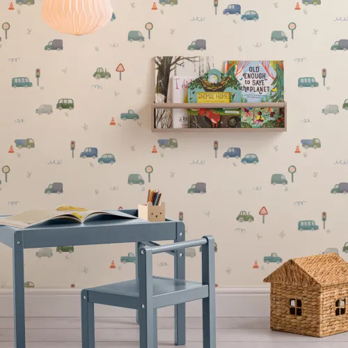 Carta da parati con motivo avventura blu per spazi giocosi per bambini