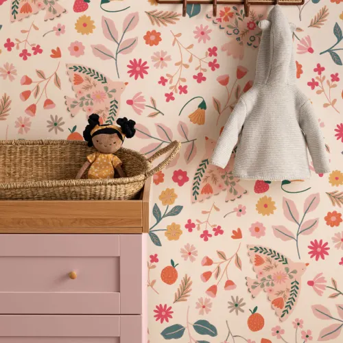 Papier peint scandinave rose à motifs floraux et d'oiseaux