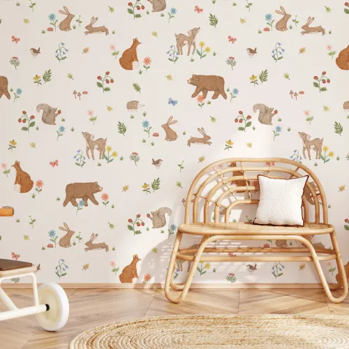 Mural de papel pintado Beige Kids Cute Woodland Animals