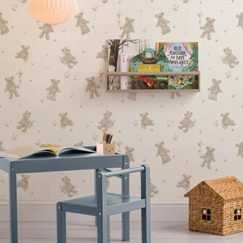 Beige børn med søde bamsemotiver Tapet