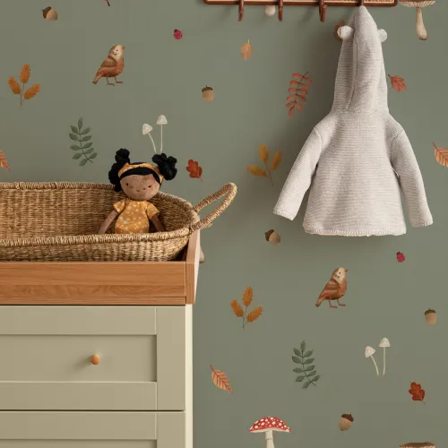 Kids Green Woodland Birds, Mushroom & Leaves Mural
