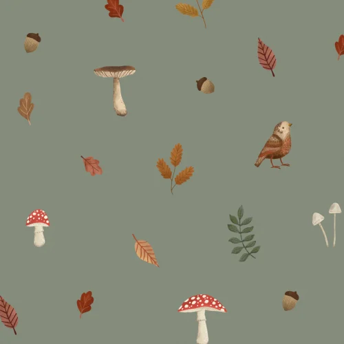 Kids Green Woodland Birds, Mushroom & Leaves Mural