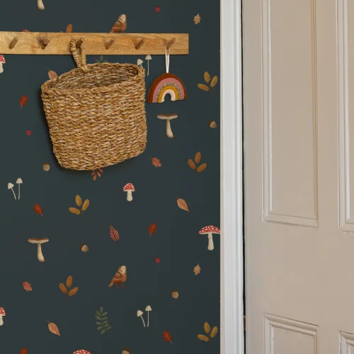 Kids Blue Woodland Birds, Mushroom & Leaves Mural