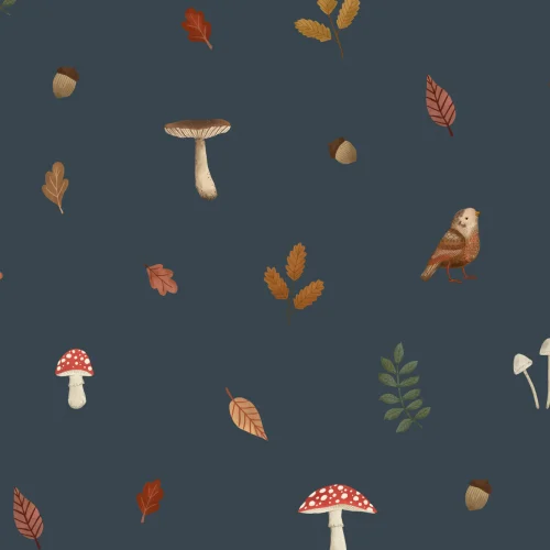 Kids Blue Woodland Birds, Mushroom & Leaves Mural