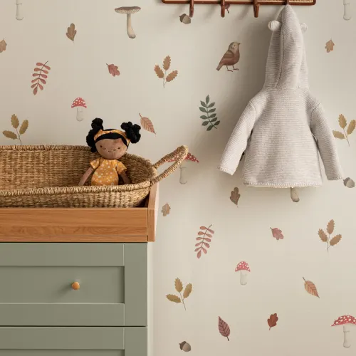 Lapset Beige Woodland Linnut, Sieni & Lehdet seinämaalaus