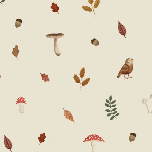 Lapset Beige Woodland Linnut, Sieni & Lehdet seinämaalaus