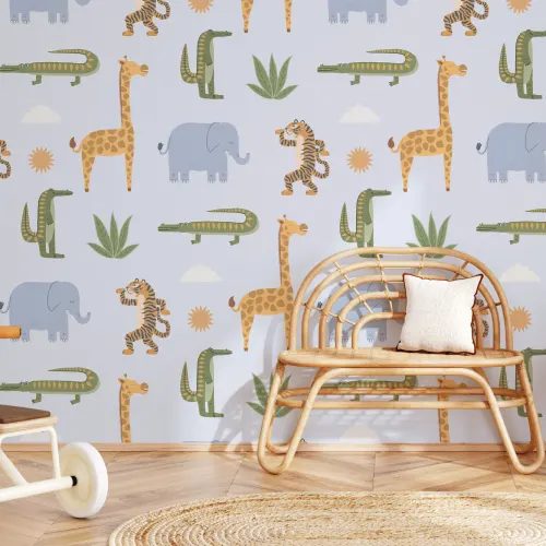 Papier peint panoramique des animaux de la jungle des enfants bleus