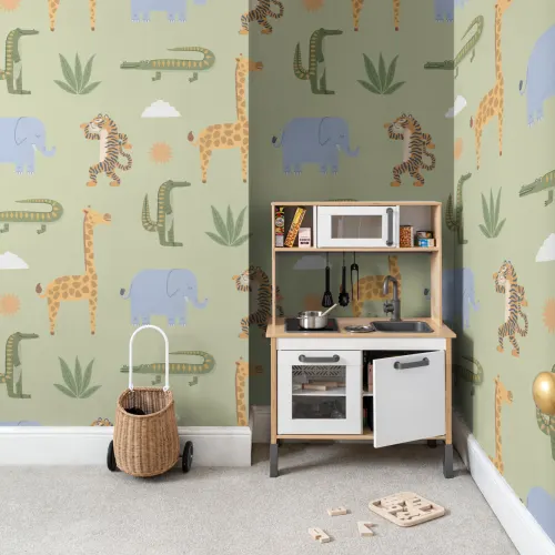 Green Kids Playful Jungle Animals Mural