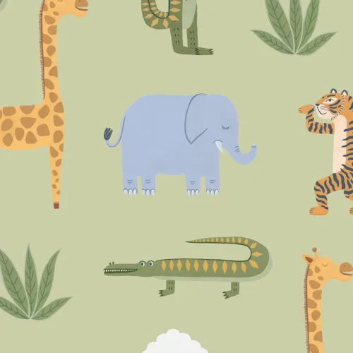Green Kids Playful Jungle Animals Mural