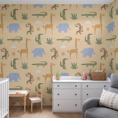 Mural de animais da selva para crianças amarelas