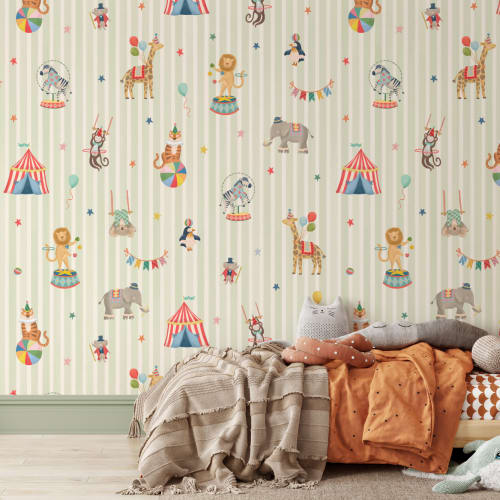 Kids Green Stripe Circus Animals Mural