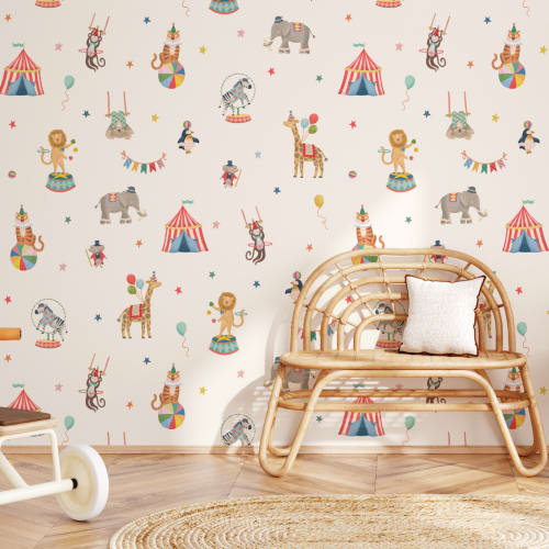 Papier peint beige des animaux du cirque pour les enfants