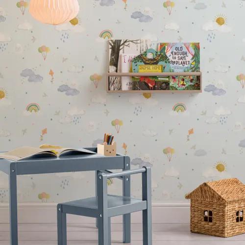 Light Blue Hand Drawn Sun, Clouds & Rainbow Print Wallpaper