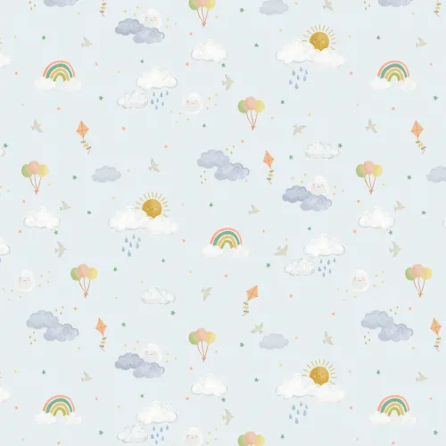 Light Blue Hand Drawn Sun, Clouds & Rainbow Print Wallpaper