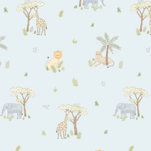 Carta da parati blu illustrata con animali safari colorati