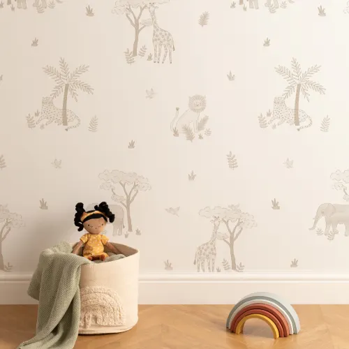 Beige illustreret farverigt tapet med safaridyr