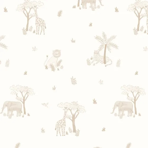 Beige illustreret farverigt tapet med safaridyr