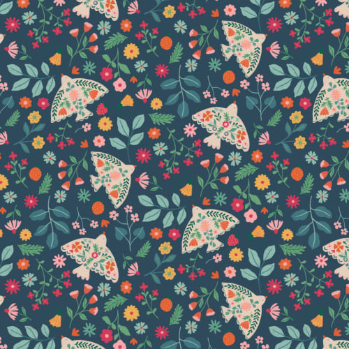 Papel pintado con motivos florales y pájaros escandinavos en azul oscuro