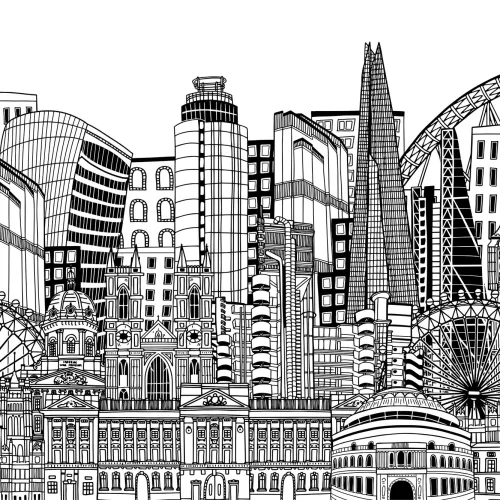 Mural Papel Pintado Blanco y Negro con Monumentos de Londres