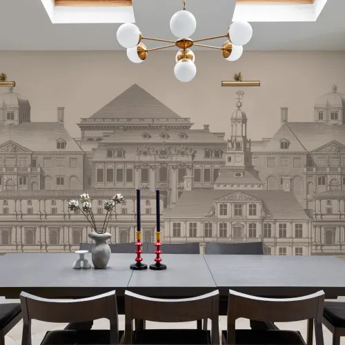 Mural de papel pintado con grabados de arquitectura clásica Diseño de Jan Matthysz y Pieter Jansz Post en gris