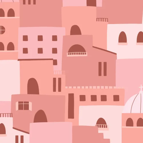 Carta da Parati Rosa con Motivo di Case ed Edifici Italiani